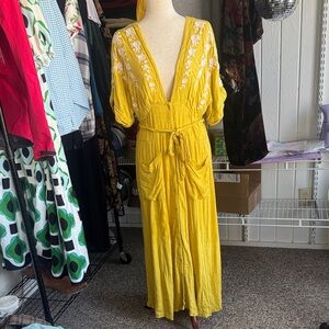 Free People Mustard Embroidered Maxi Dress